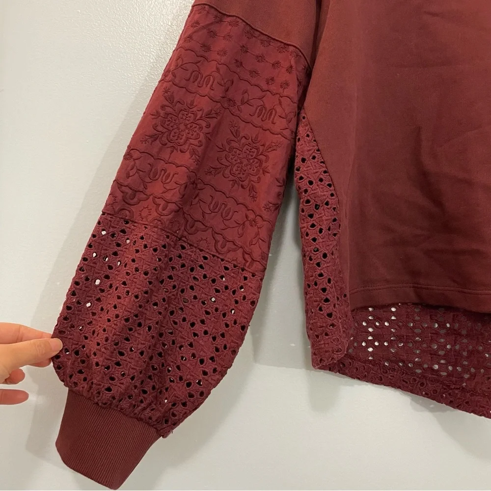 Anthropologie Plum Wine Eyelet Lace Puffy Sleeves Oversized Top Size S